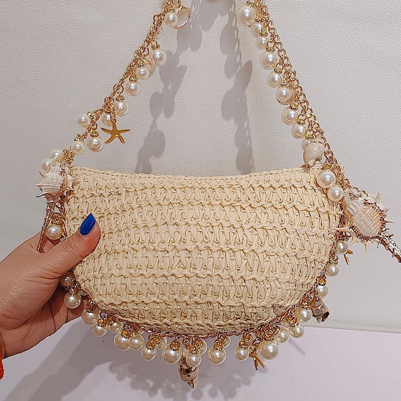 Yogodlns Women's Bohemian Straw Bag Pearls Shell Hand-Woven Handbags Handwoven Conch Starfish Beach Bag Rattan Half Moon Shoulder Bags