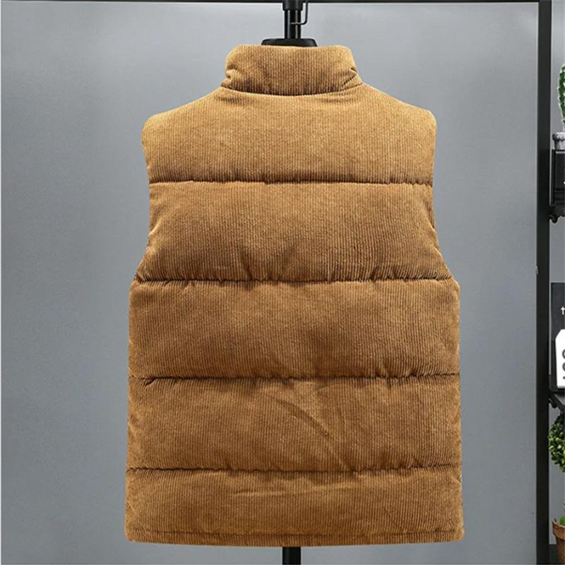 New Vest Jacket Men's Autumn Winter Warm Sleeveless Coat Stand Collar Padded Waistcoat Corduroy Work Wear Male Clothes 5XL