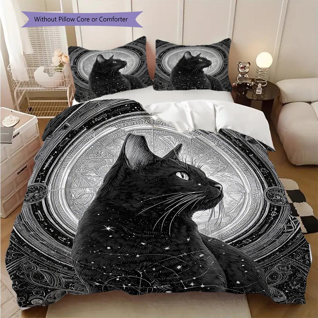 Black Cat Pattern Bedding Quilt Set Quilt Cover Pillowcase Home Decoration Birthday Gift (1 * Duvet Cover + 2 * Pillowcase, Without Core)