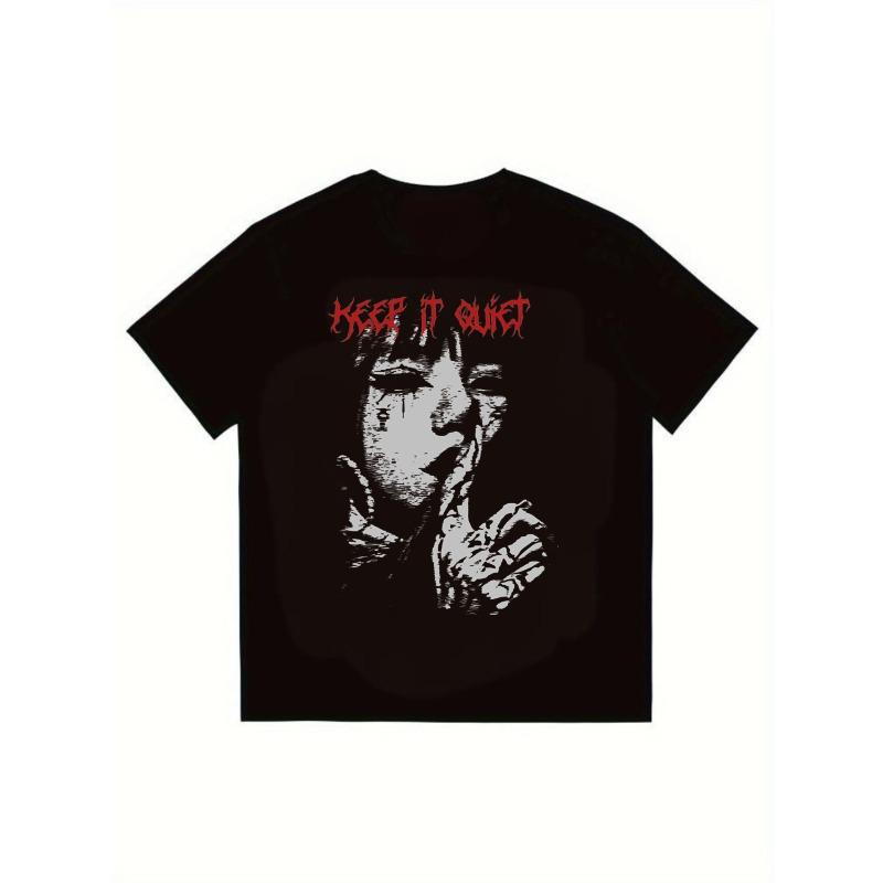 

Black T Shirt Keep It Quiet Graphic Print With Face Design For Casual Streetwear Style S