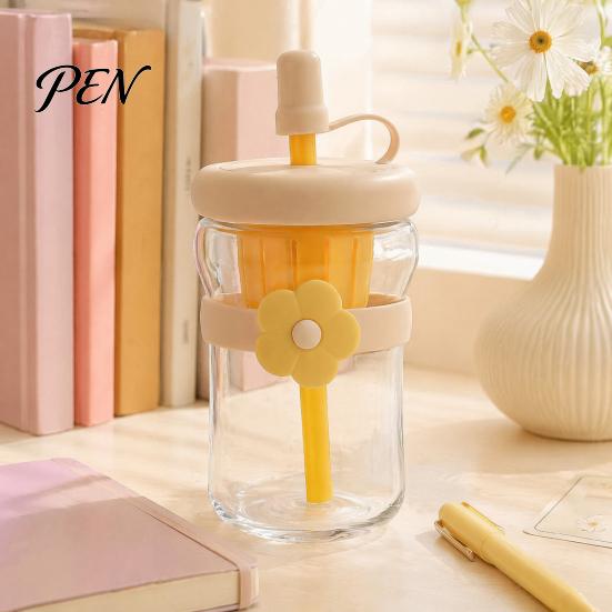 Glass Infuser Bottle for Green Tea Lovers Straw Cup, with Detachable Filter, Macaron Color Flower Cute Floral Women Decor, Portable Heat Resistant