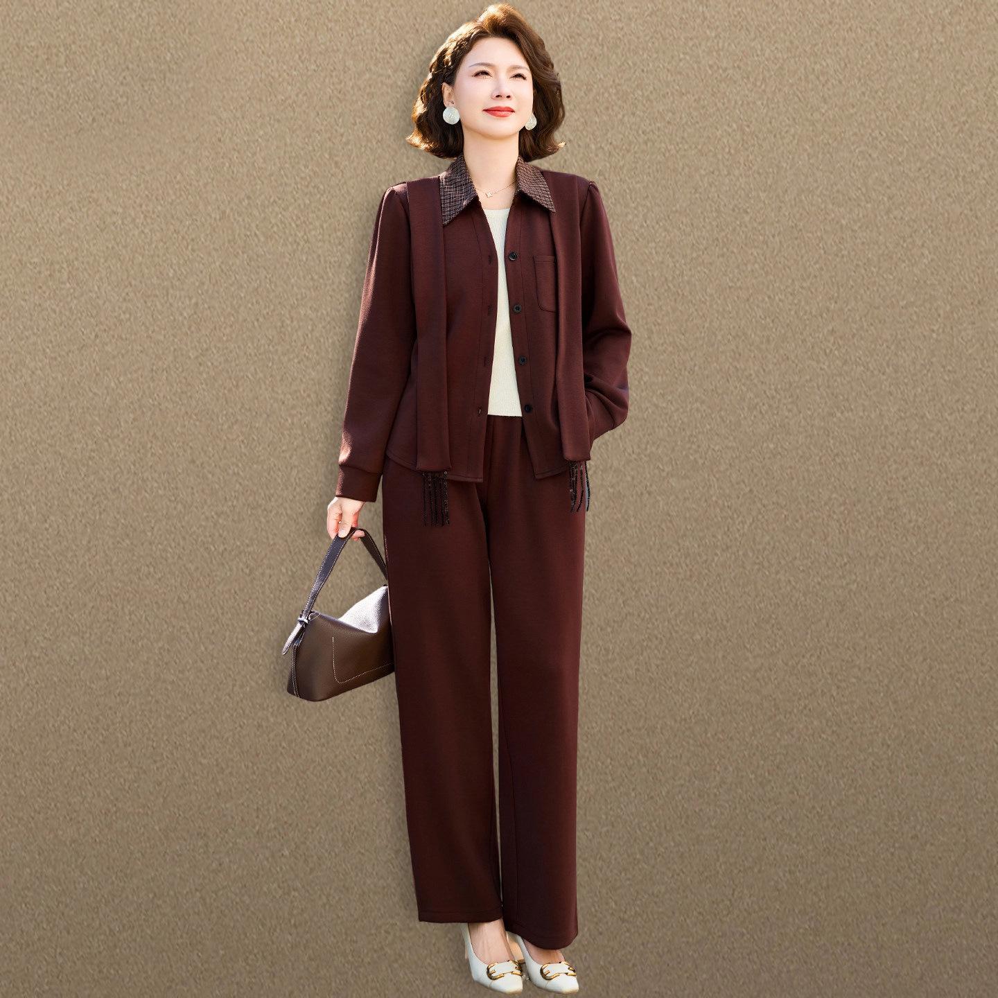 

Sophisticated Spring & Autumn Two-Piece Set for Middle-Aged and Elderly Women - 2026 New Style Lapel Shirt Set 3XL [For 120-135 lbs]