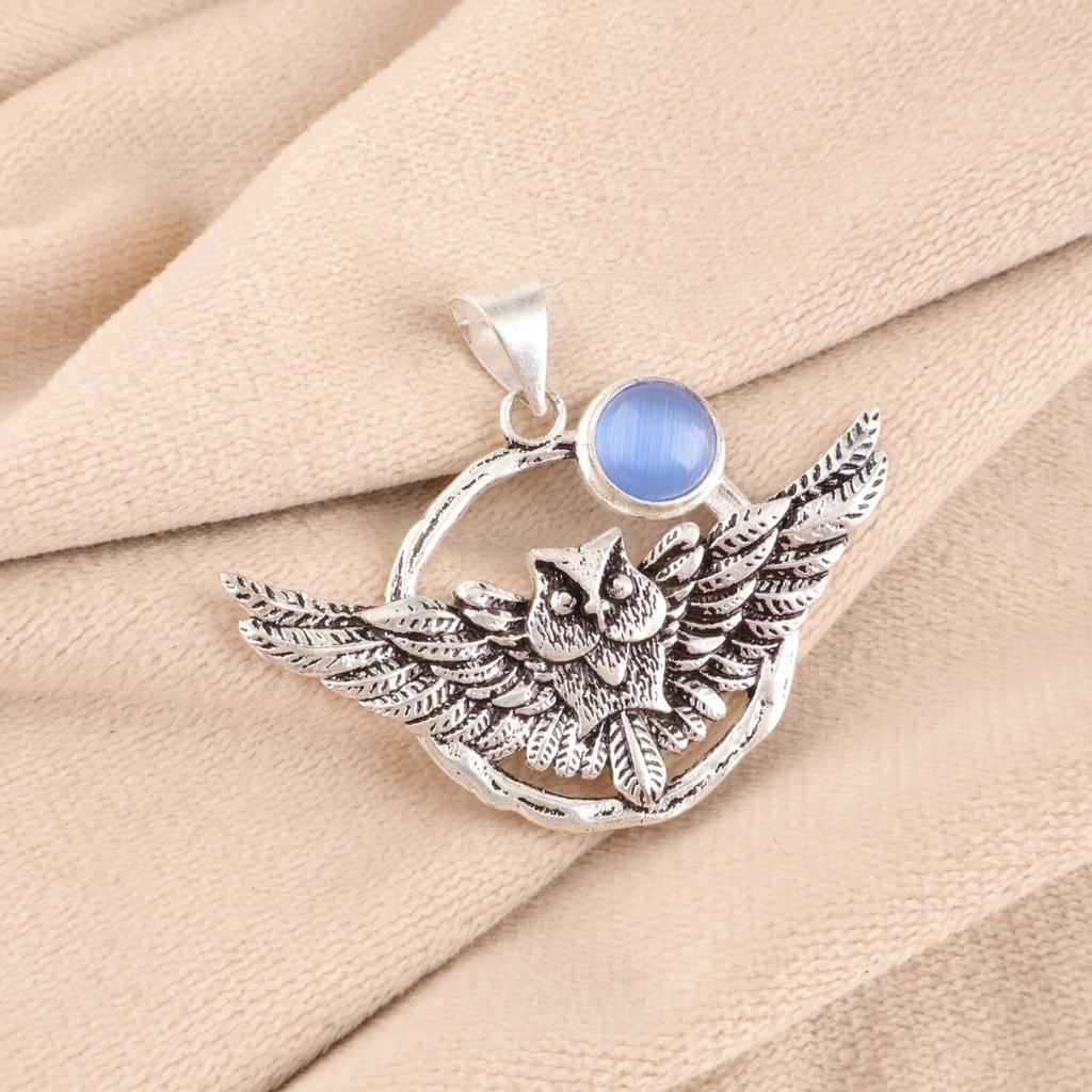 Dark Blue Cat's Eye Gemstone 925 Sterling Silver Handmade Stylish Pendant 1.48" CP-17-38