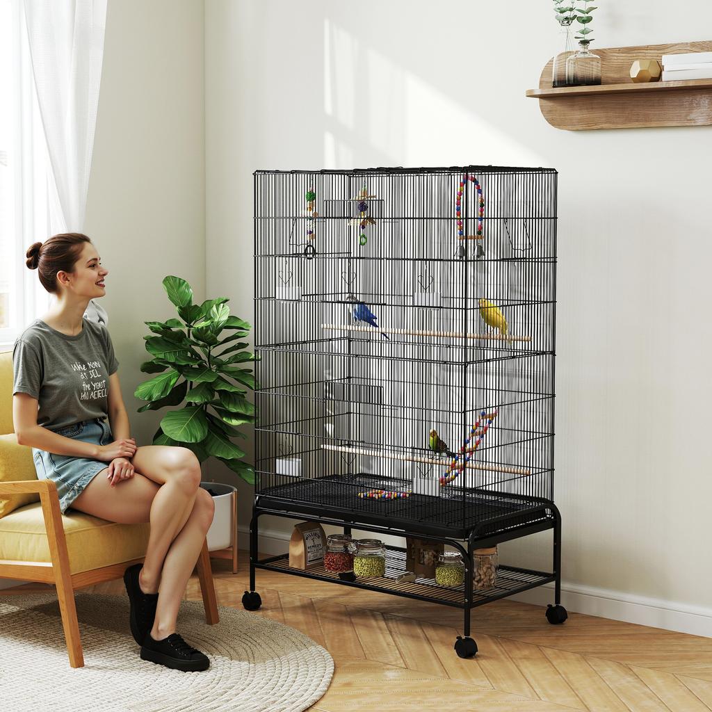 Bird Cage with Wheels, Feeders, Perches, Removable Tray and Lower Shelf 97x58x160 cm Black