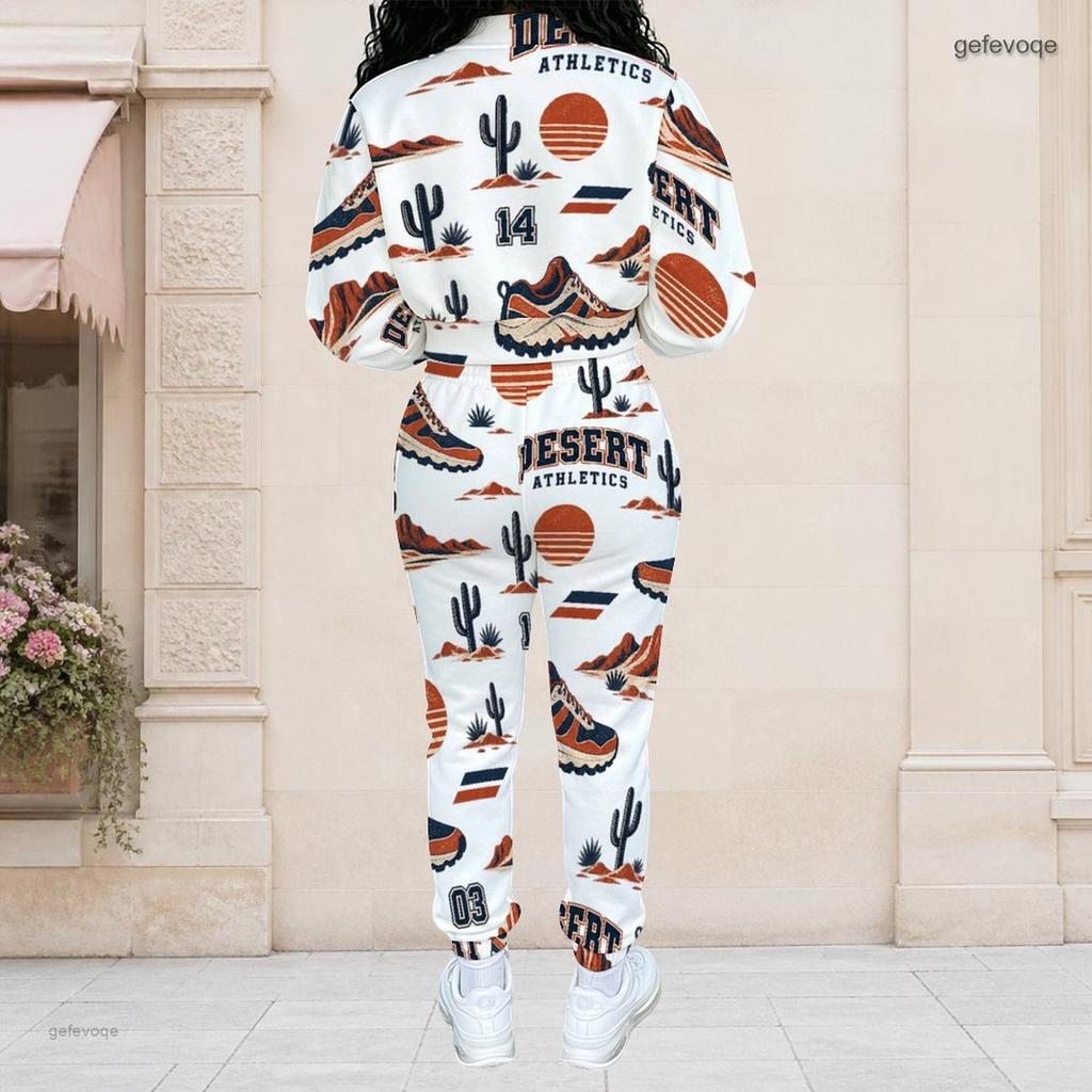 Women Plus Size White Printed Long Sleeve Stand Collar Cropped Varsity Jacket And Long Pants Two Piece Set