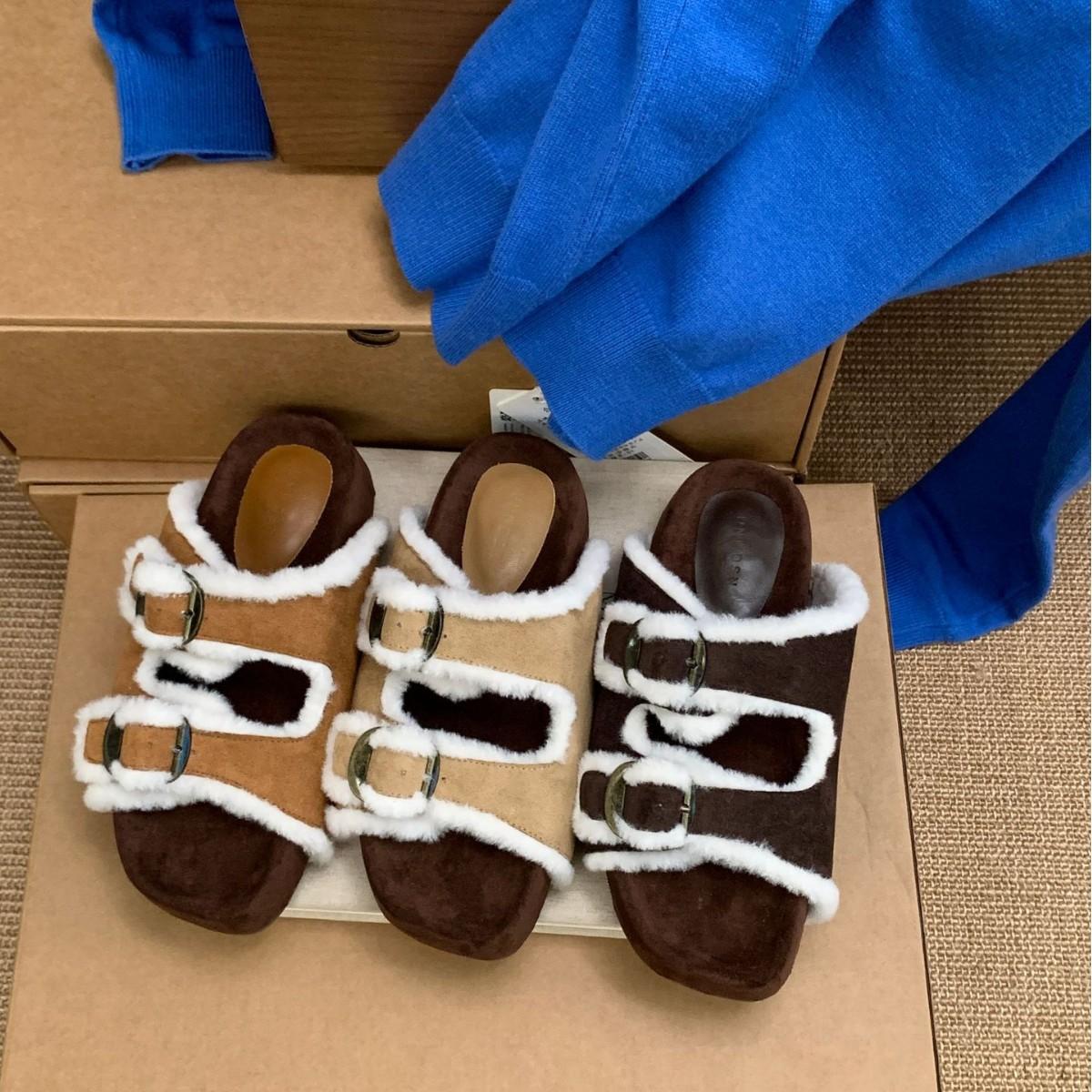 

2025 new Korean version of Mao Mao thick-soled one-word suede belt buckle open-toe wear half-drag women s sandals 39 коричневый