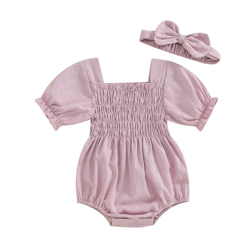 Infant Baby Girl Summer Jumpsuit Solid Color Short Sleeve Square Neck Shirred Romper with Bow Headband