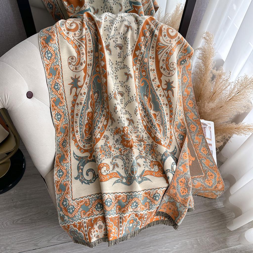 Tjock halsduk i imiterad kashmir för damer, vinter, dubbelsidig, kontrastfärg, jacquard, cashewmönster, retro etnisk stil sjal