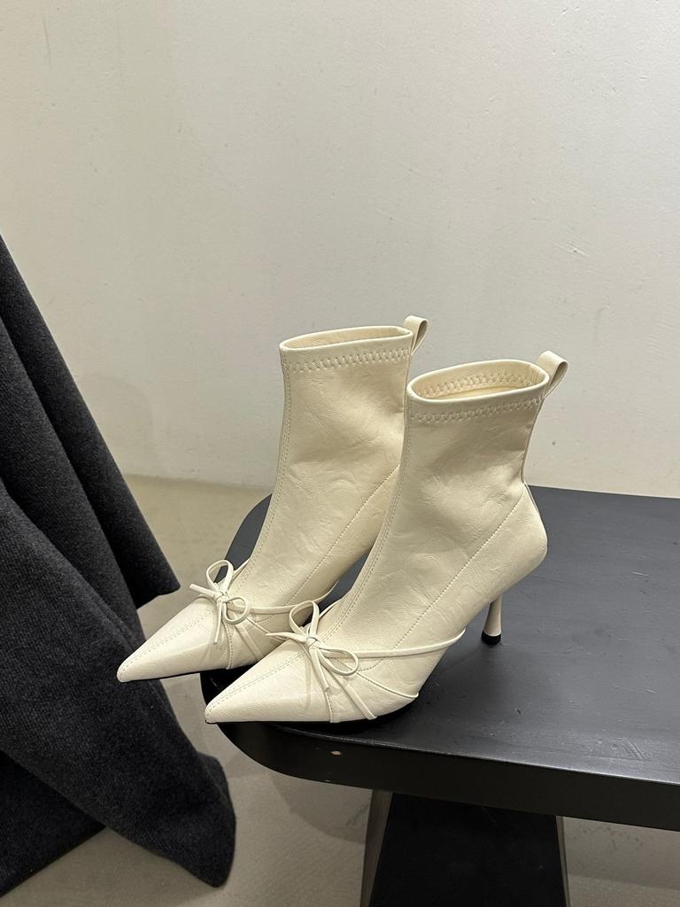 Pointed thin heel elastic thin boots women's autumn new bow versatile high heel sleeve fashion boots black