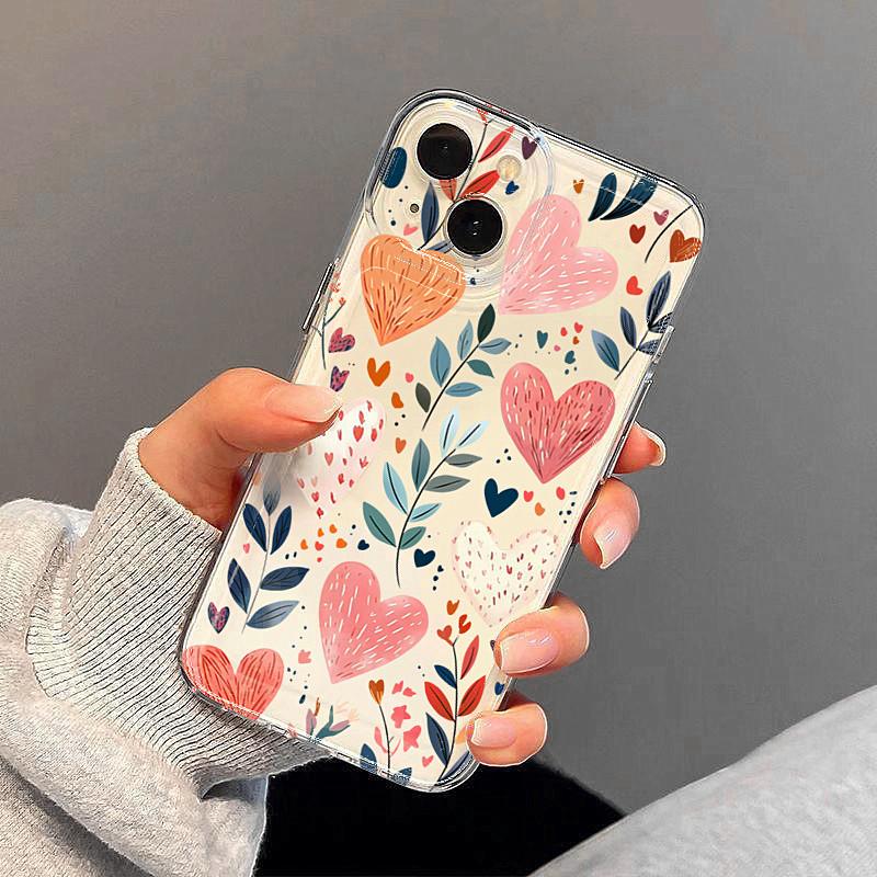 Heart Doodle Floral Art Phone Case for iPhone 17 16 15 14 13 12 11 Series Pro Max Plus Double Layer Protection