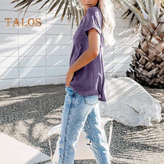 Damen Sommer T-Shirt V-Ausschnitt Kurzarm Knöpfe Ausschnitt T-Shirt Einfarbig Loose Fit Pullover Tops mit Tasche Streetwear