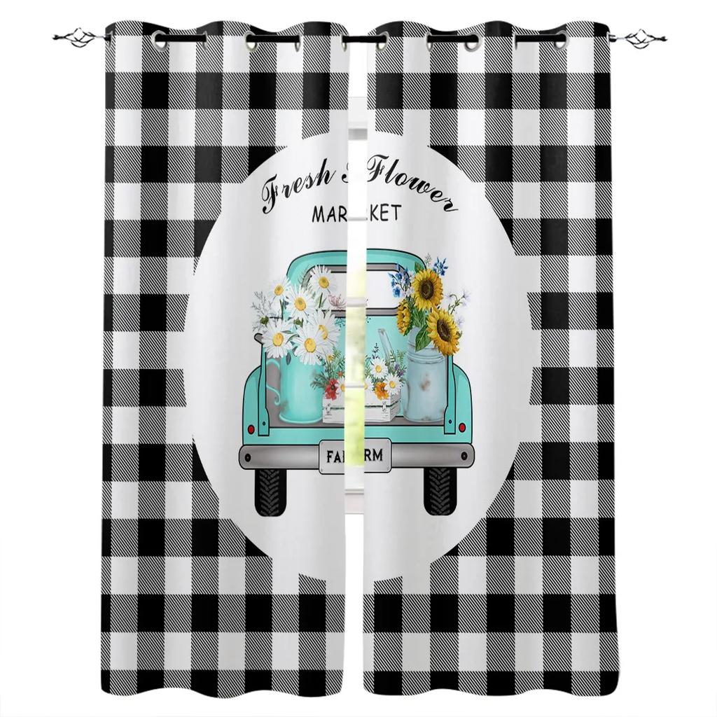 Bedroom Kitchen Curtain White Daisy Flower Waterdrops Window Black Curtains Curtains for Living Room Decorative Items Cortinas