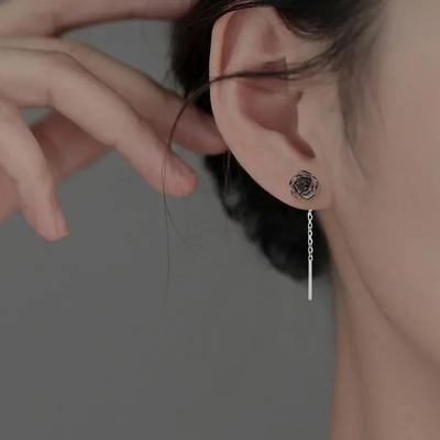 Real  Sterling Silver Minimalist Cute Rose Stud Earring for Women Plant Fine  Piercing Screw Bead Accessories