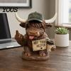 Resin Ornaments Highland Cow Desk Statue, Funny Middle Finger Figurine with Coffee Cup & Sassy Sign, Detailed Carvings Cute Farmhouse Desktop
