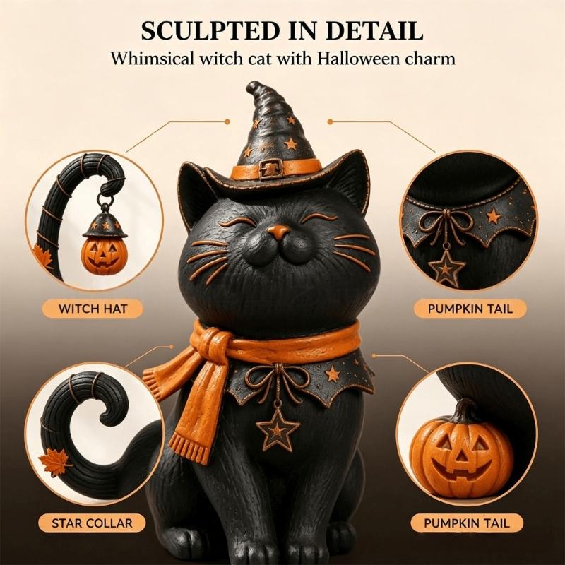 Standing Halloween Cats Decoration, Dark Figure with Pointed Hat and Aged-Look Finish for Entryway, Shelf, Office, or Desk Arrangement