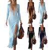 Ladies' Retro Printed Floral V-neck Tassel Dress With Long Sleeves And Long Skirts