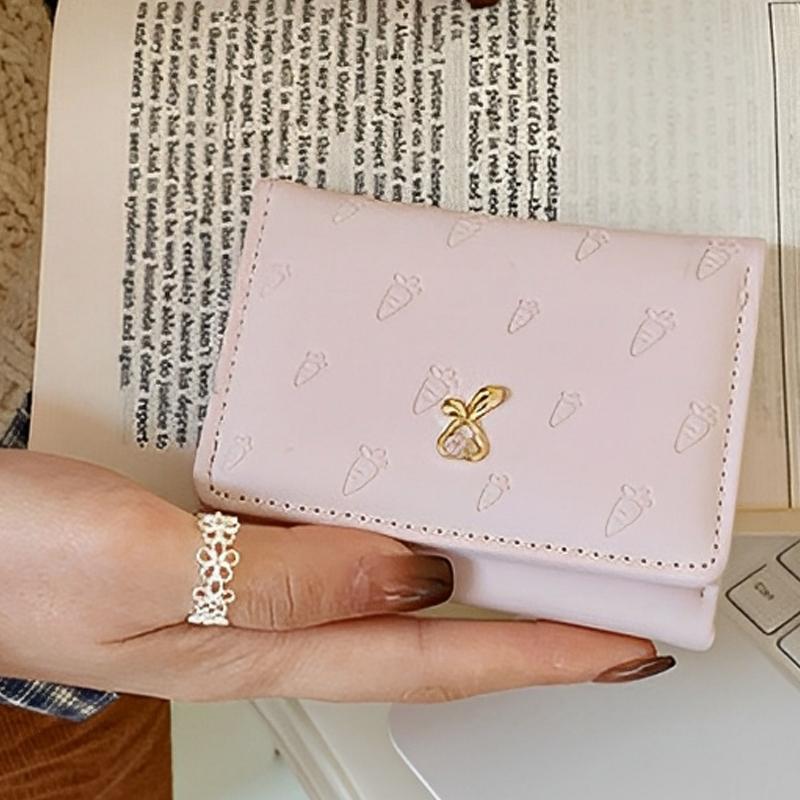 Portable Cartoon Rabbit Purses Carrot Printed Snap Button Lady Short Pu Wallet Waterproof Candy Color Triple Fold Card Bag