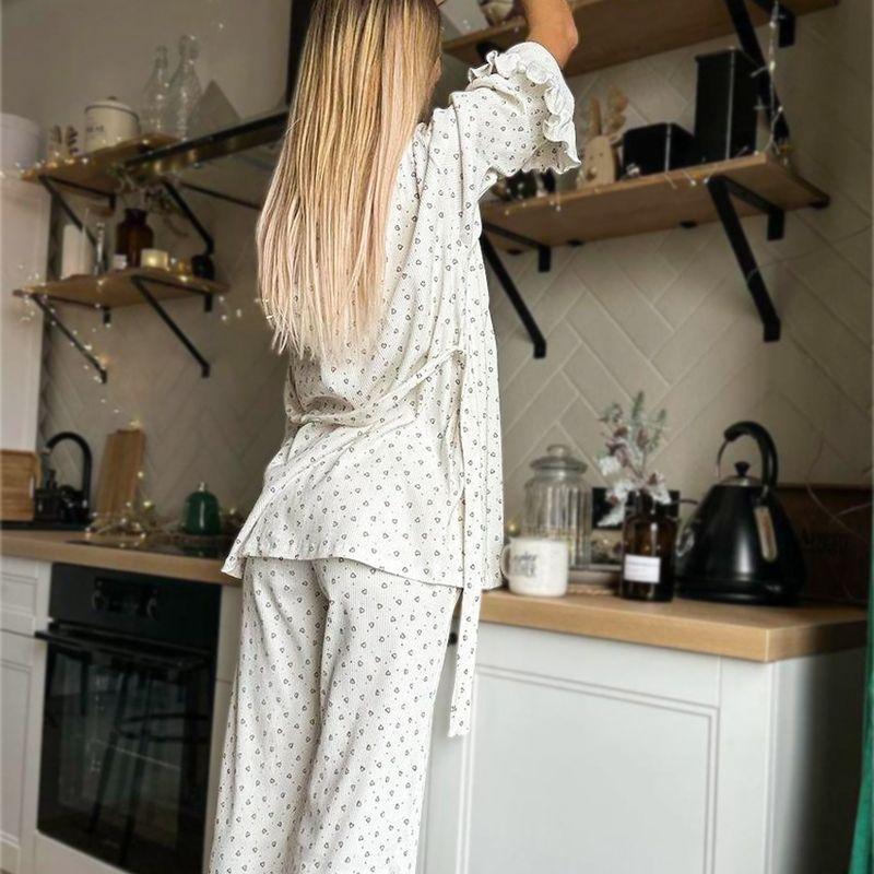 Love Heart Print Frill Long Sleeve Vest Trousers Pajamas Three-Piece Home Wear Women Pajamas Women