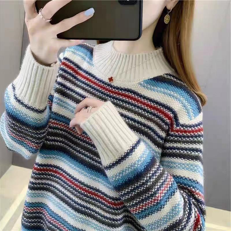 Women's 2023 Striped Wool Knit Sweater - Half-High Neck, Long Sleeve, Slim Fit, Thick for Autumn/Winter