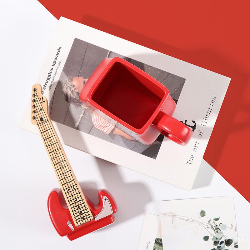 Electric Guitar Shaped Ceramic Mug with Music Notes , 3D Novelty Coffee Cup for Music Lovers, Vibrant Red/Blue Design, Durable Gift for Musicians,