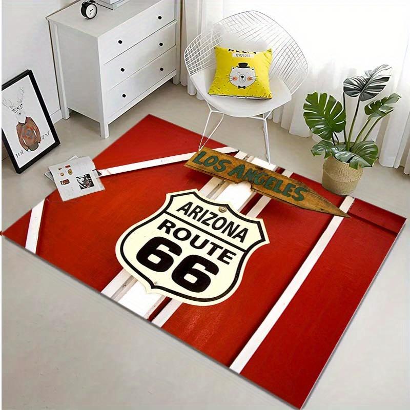 1pc Route 66 Road Sign Area Rug - Polyester Rectangular Mat for Bedroom, Living Room, Office, Corridor - Home Decor Carpet for