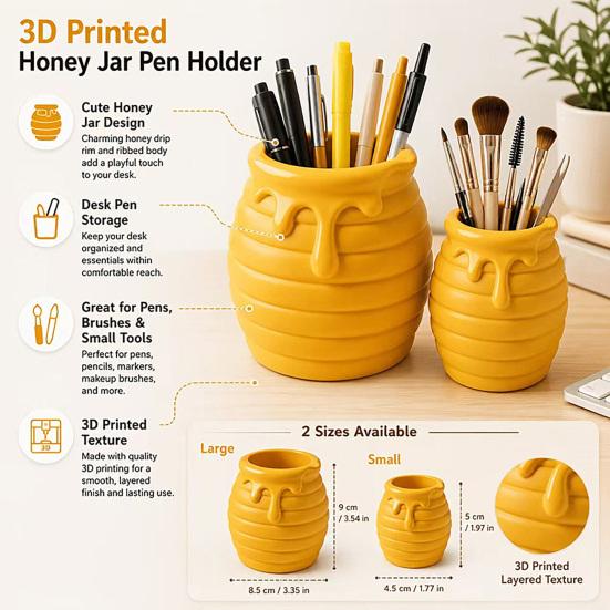 Cute Honey Pot Pen Holder 3D Printed Jar Holder, Creative Desk Organizer for Office PLA Material Cup Stationery, Makeup Brush Toothbrush Storage