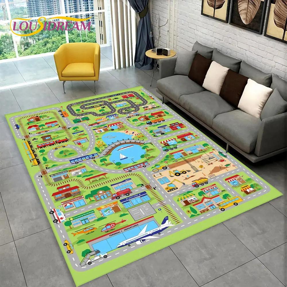 Highway City Traffic Cartoon Area Rug,Carpet Rug for Living Room Playroom Children's Bedroom Decor,Kid Game Non-slip Floor Mat