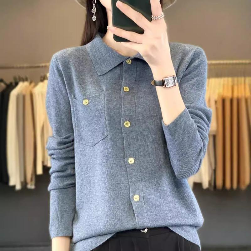 Autumn New Polo Neck Sweater Cardigan Button Niche Design Outside Wear Long Sleeve Knitted Bottom Top