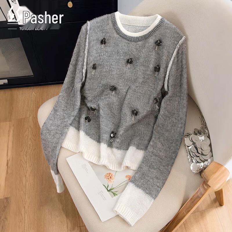 

Женский вязаный свитер Sibaishi с бусинами и цветными блоками L