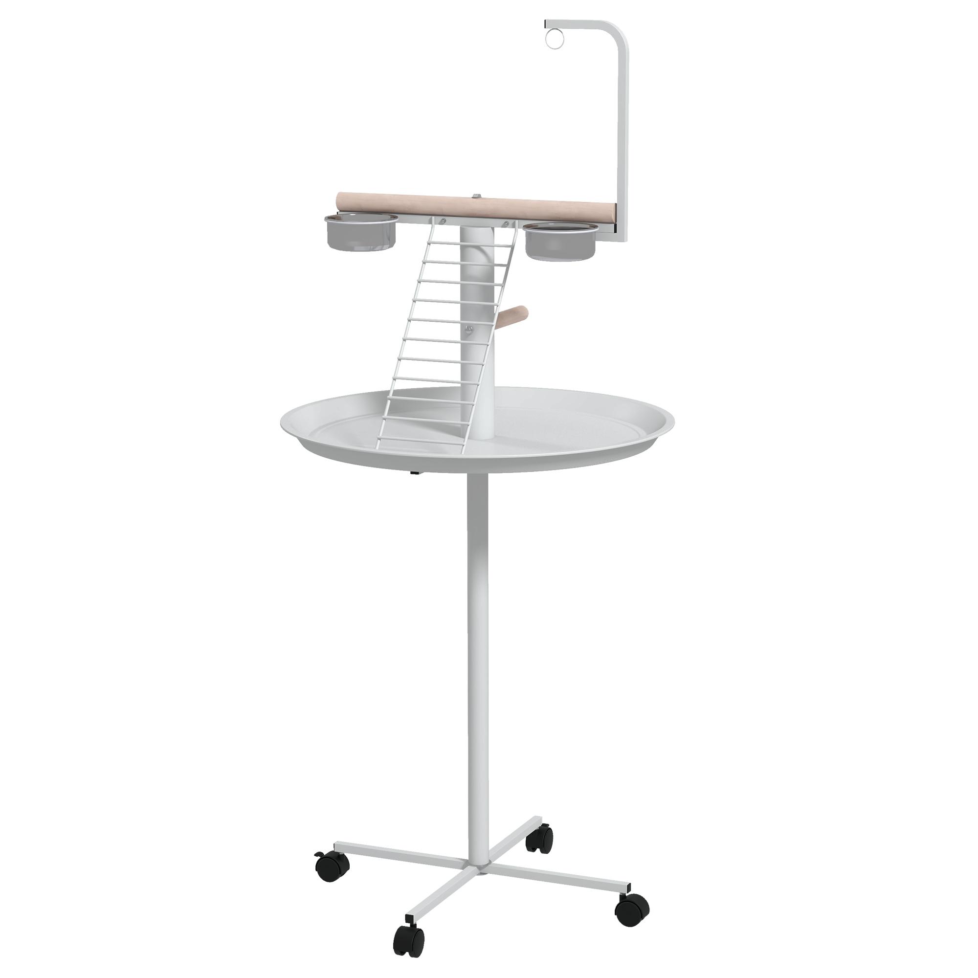 Support pour oiseaux à quatre roues Perchoirs Bol à nourriture en acier inoxydable Plateau rond Pour jardin Intérieur Extérieur Blanc