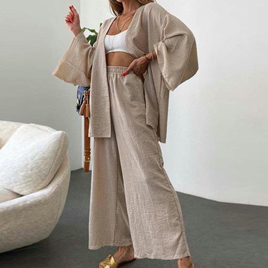 

Комплект из 2 шт./компл., комплект из брюк и кардигана, однотонный свободный комплект с широкими штанинами и эластичной резинкой на талии, с глубоким промежутком и карманами с длинными рукавами, мягкое дышащее женское пальто, комплект брюк