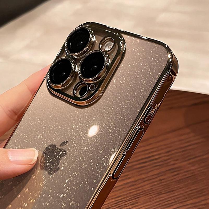 Capa de Luxo Glitter Transparente PC Banhada para iPhone 16 15 14 Pro Max Plus 13 11 12 Bling Clara À Prova de Choque Ultrafina