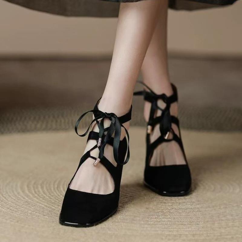 Chaussures à Talon Haut Rétro à Bride Simple pour Femmes Printemps et Automne Bout Carré à Lacets Talon Bloc Pas Fatigantes Chaussures Grande Taille