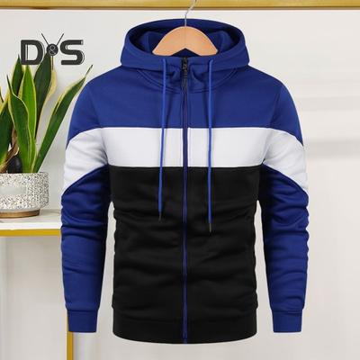 Autumn Spring Men Hoodie Drawstring Colorblock Zipper Closure Elastic Cuff Hooded Loose Cardigan Long Sleeves Sport Daily Wear Jacket