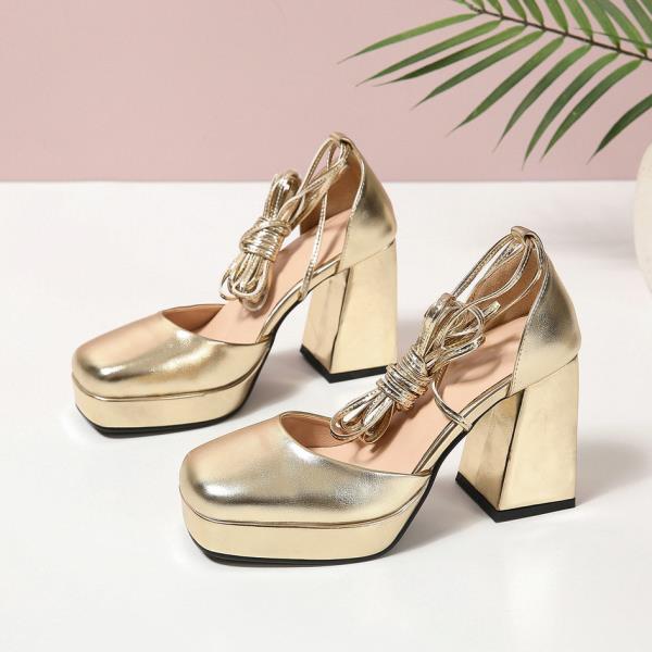 Módní boty 2025 Sandály na platformě Dámské šněrovací Sexy lodičky Kulatá špička Velké africké Jaro Zlaté Crossdressers Ležérní Béžové Čtvercový H