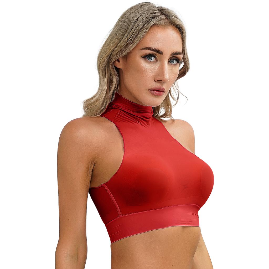 Womens Mock Neck Sleeveless Sheer Crop Top Glossy See Through Vest