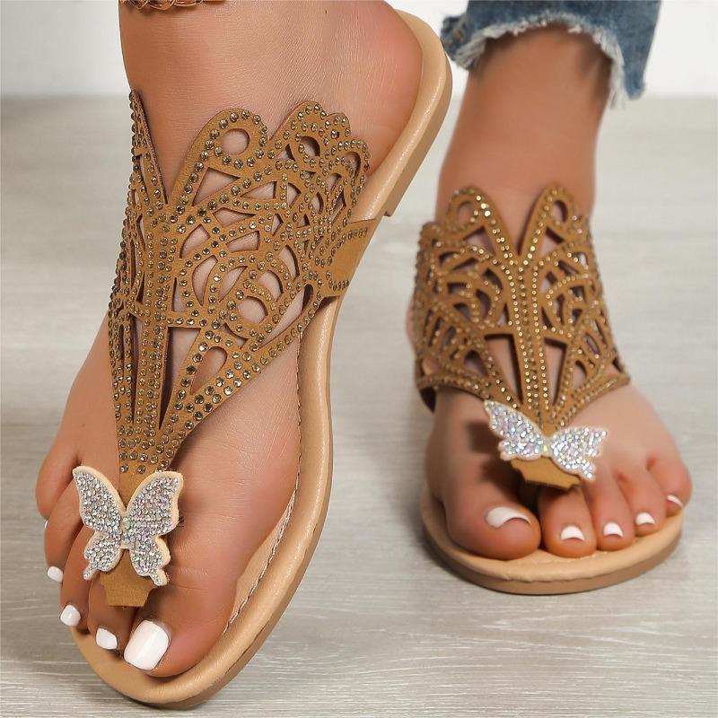 Large Size Butterfly Rhinestone Herringbone Slippers for Women's Casual Hollow Roman Fish Mouth Slippers