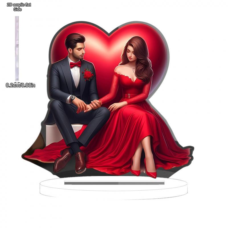 Modern Acrylic Love & Happiness Couple Statue - Romantic Heart-Shaped Rose Design - 2D Flat Acrylic Desktop Ornament