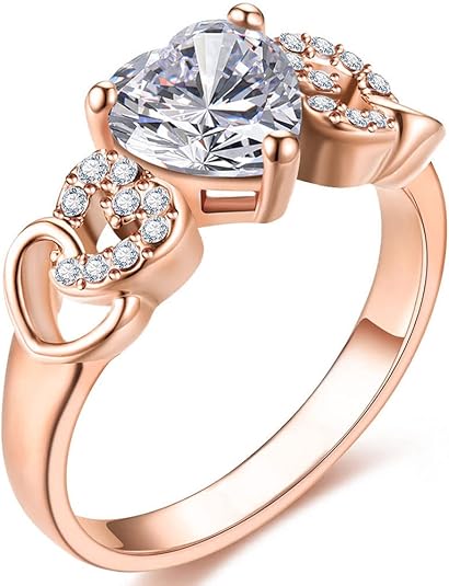 18K Rose gold Plated Love Heart Cubic Zirconia Promise Halo Engagement Promise Eternity Valentine's Day Ring for Women Size 6-10
