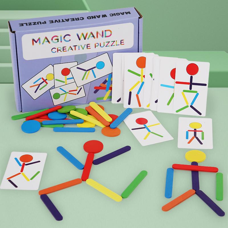 Wooden DIY Shape Matching Puzzle Montessori Fine Motor Training Educational Toys for Children Rainbow Stick Thinking Game