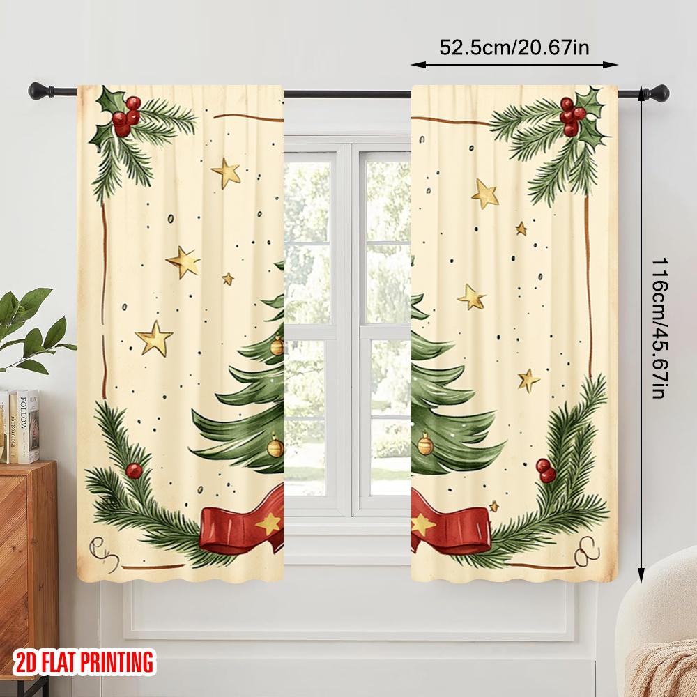 2 Stück, 2D-Flachdruck Muster Vorhänge Weihnachtsbaum Stechpalme Sterne (3) Vielseitiges, strapazierfähiges Polyester (ohne Stange) Heimdeko-Nutzung