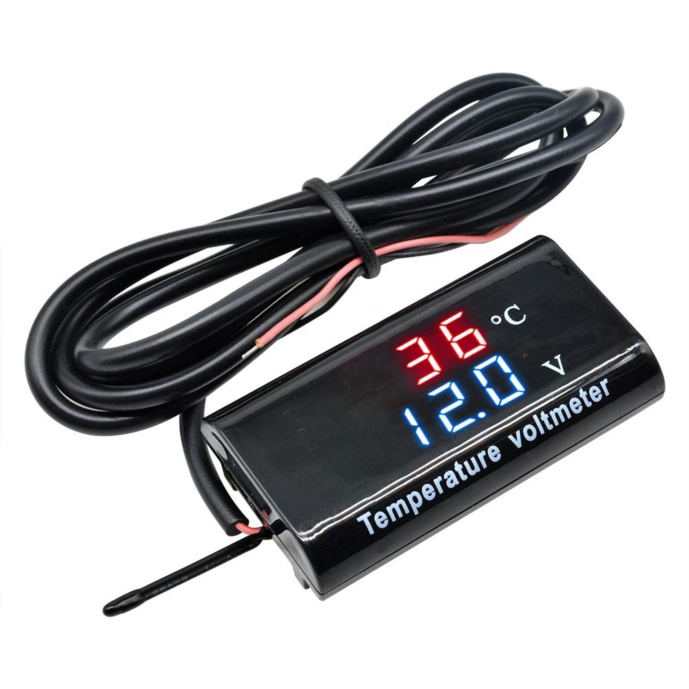 DC 12V 0.28 Inch Dual Display LED Digital Temperature Sensor Voltmeter Thermometer Voltage Meter Tester For Car Motorcycle