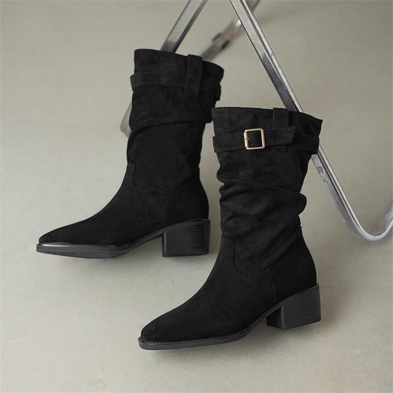 Skinny Boots Vintage Suede Western Cowboy Boots Spring Pointed Thin Heel Belt Buckle Pleated Pile Boots 35 чёрный