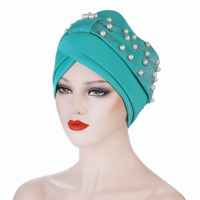 Women's Solid Color Hot Drilling Pearl Turban Hat Cap Head Hat Accessories