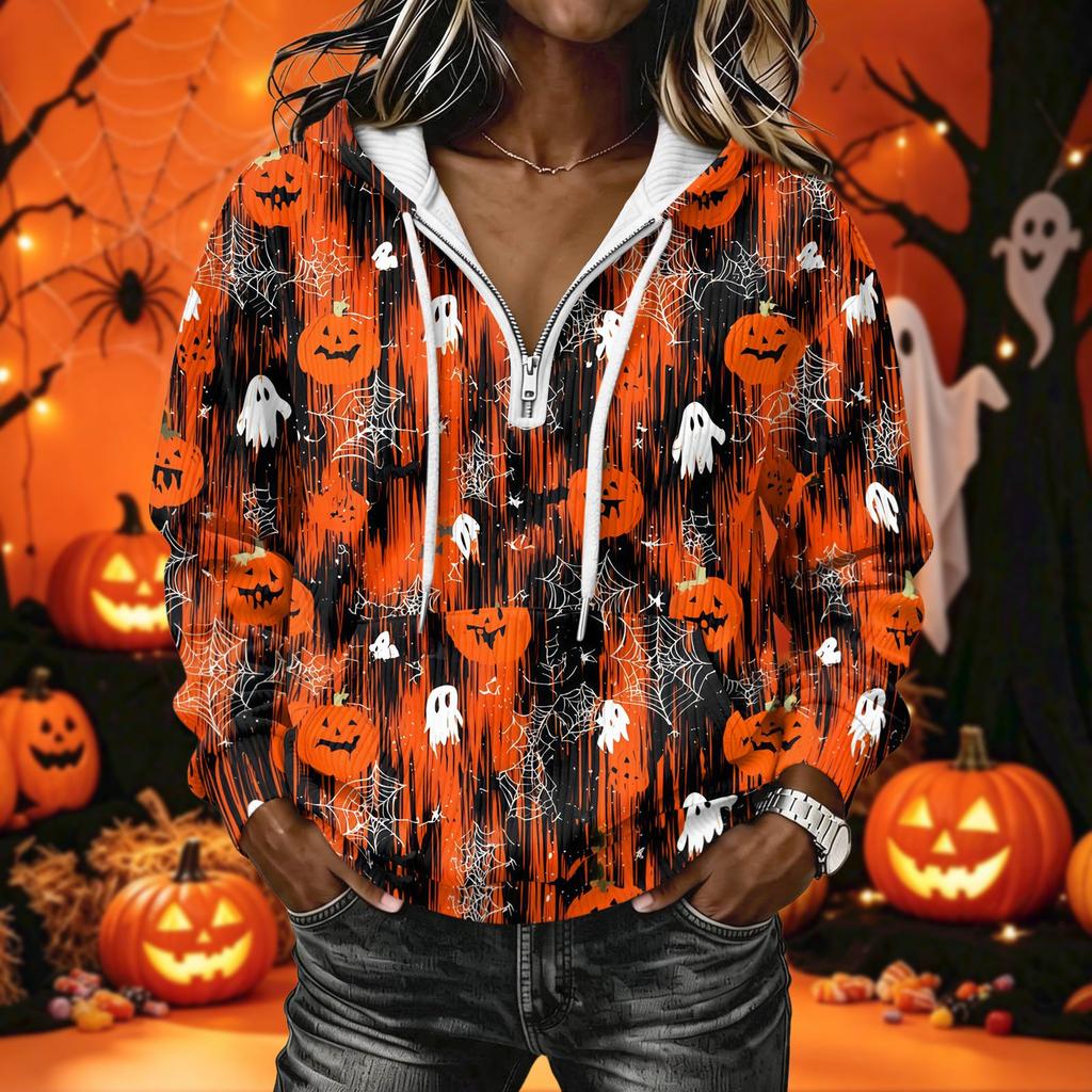 Women's Halloween Print Long Sleeve Hoodie Pullover Sweatshirt