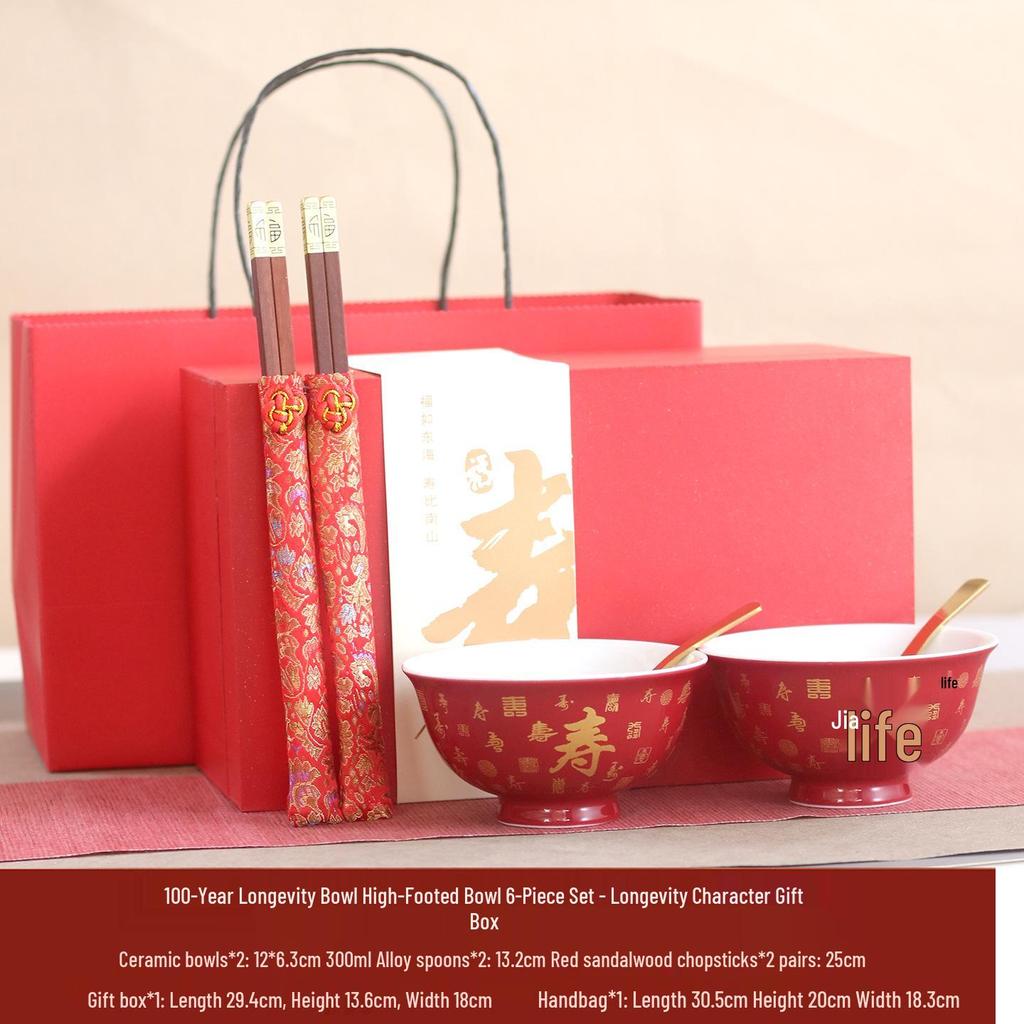 Underglaze Porcelain Longevity Bowl Set with Chopsticks & Spoon - Ideal Gift for Grandma's Birthday