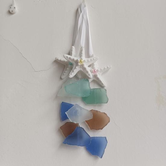 3Pcs Seaglass Hanging Decoration Handmade Bohemian Coastal Nautical Starfish Sea Glass Art Home Office Beach House Wall Ornament Pendant