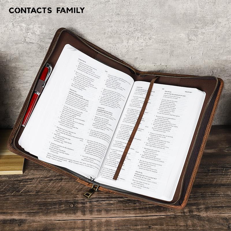 Handmade Crazy Horse Genuine Leather Book Cover with Pen Loop and Zipper