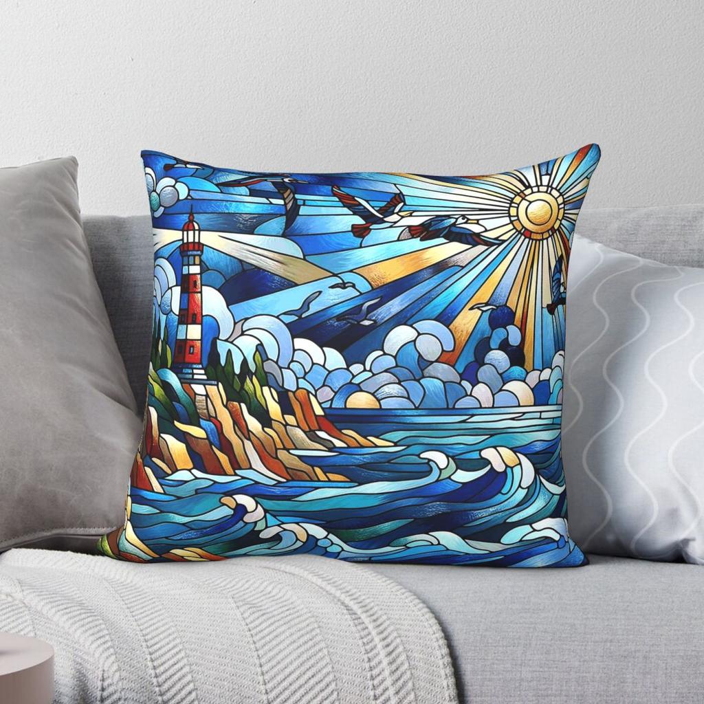Stained Glass Lighthouse Square Pillowcase Polyester Linen Velvet Printed Zip Decorative Home Cushion Case