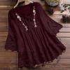 Summer Elegant Holiday Blouse Women Casual Loose Top Cotton Linen Stitching Lace Flower V Neck Solid Tops Shirt